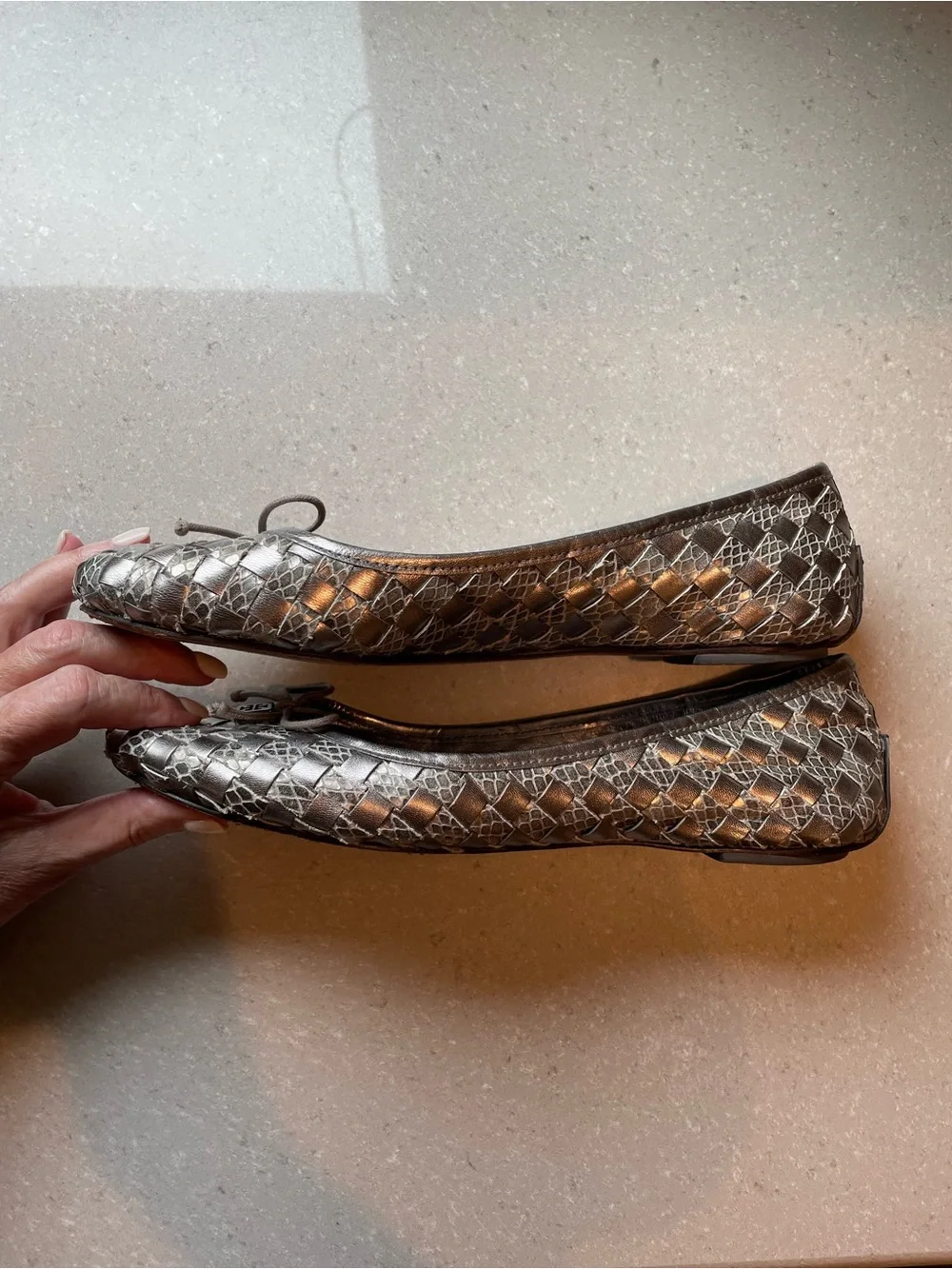 Tory Burch Silver Woven Leather Ballet Flats with Logo Charm